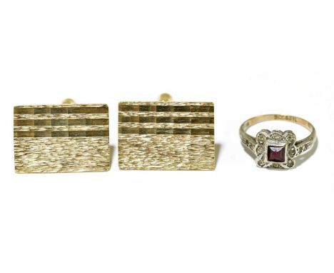 A pair of 9ct yellow gold cufflinks with large engine turned rectangular platforms and torpedo backs, approx. 9.6g, also a si