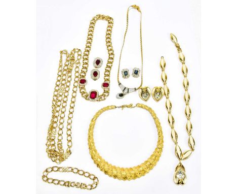 CHRISTIAN DIOR; a signed long gold tone heavy link chain with intermittent crystal charms and matching bracelet, three 1980s 