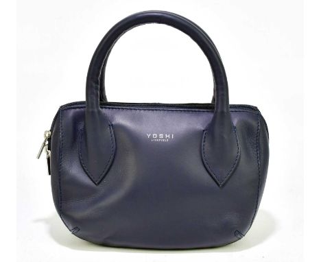 YOSHI; an unused navy blue soft leather small grab bag with top silver tone zip and two top D-handles, lined with light blue 