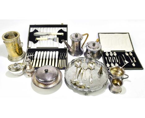 A collection of assorted silver plate to include a gallery edged salver, a muffin dish with planished decoration, cased flatw
