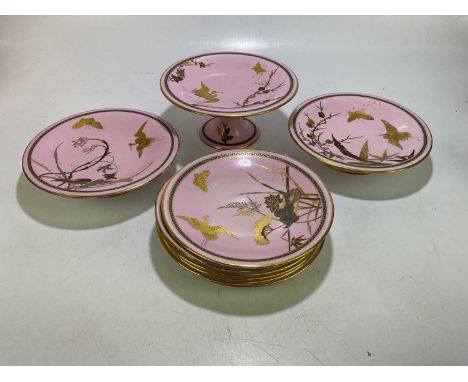 WORCESTER; a 19th century nine piece dessert service in the Aesthetic movement style, retailed by Mortlock's, Oxford St, Lond