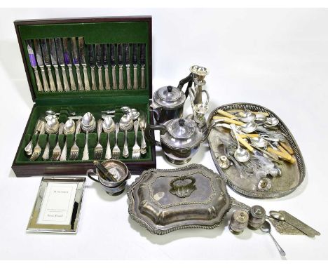 A hallmarked silver bladed fruit knife with mother of pearl handle, together with an assortment of silver plate to include a 