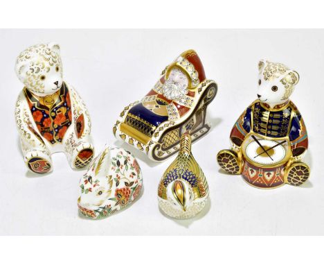 ROYAL CROWN DERBY; four animal form paperweights to include 'Drummer Bear', 'Meadow Rabbit', also a paperweight modelled as F