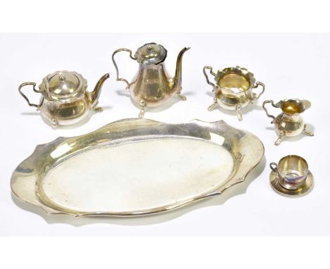 SAUNDERS &amp; SHEPHERD; a George V hallmarked silver miniature tea service comprising a teapot, a hot water pot, a twin hand