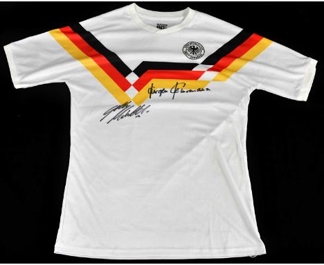 GERMANY; a 1990s replica shirt, signed to the front by Klinsmann and Matthaus, size XL.Condition Report: Creasing and light g