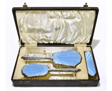 ALBERT CARTER; a George VI hallmarked silver and gouache enamel three piece dressing table set, comprising a hand mirror, a h