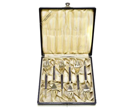 A cased set of six Danish sterling silver and enamel forks, approx weight 3.08ozt/95.9g.