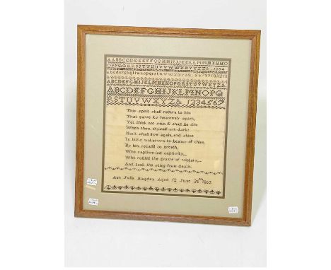 A 19th century alphabet sampler with religious verse by Ann Julia Blagden, aged 12, June 26th 1862, 34 x 30cm, framed and gla