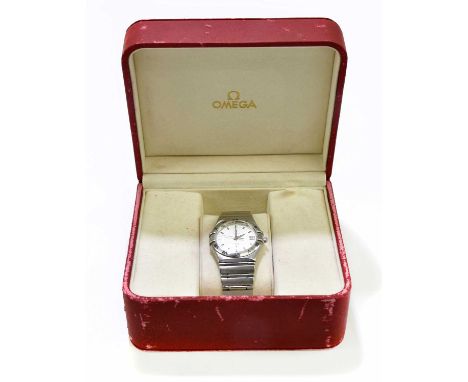 OMEGA; a gentleman's stainless steel Constellation Perpetual Calendar wristwatch, the silvered engine turned dial set with ba