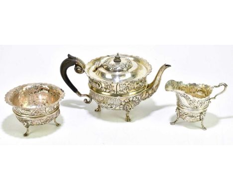 JOHN MILLWARD BANKS; an Edward VII hallmarked silver three piece tea service with gadrooned decoration, Chester 1906-1908, ap