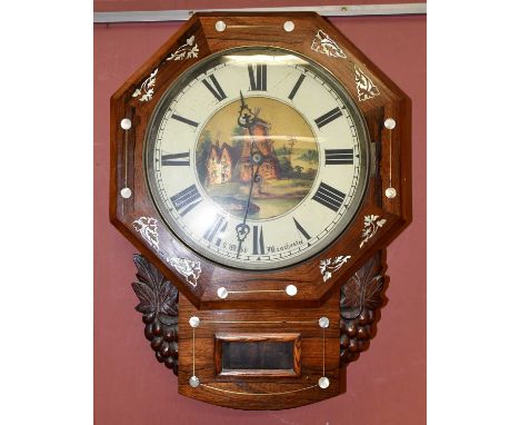 S. WEBB, MANCHESTER; a 19th century rosewood drop dial wall clock, inlaid with mother of pearl decoration, the dial set with 
