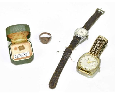 A gentleman's Ferex watch, together with a lady's Timex watch, a diamond cut stud and a gentleman's signet ring, stamped 9ct.