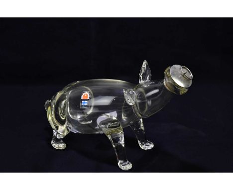 A vintage Kumela glass pig decanter, with associated stopper, height 15cm.