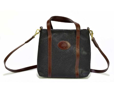 MULBERRY; a black Scotch grain vintage shoulder bag with congo brown leather trim with front logo, plaid interior, top D-shap