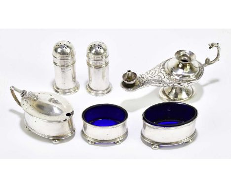 GORHAM MANUFACTURING COMPANY; a George V hallmarked silver four piece cruet, Birmingham 1919, with a hallmarked silver open s