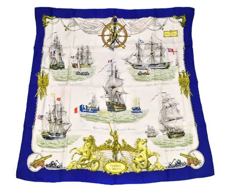 HERMÈS; a 100% silk twill scarf, 'Vaisseaux et Fregates' designed by Ledoux in 1965, with hand rolled hem, in blue, grey and 