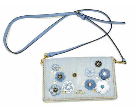 COACH; a calf skin and soft leather and light denim crossbody shoulder bag embellised with leather flowers and beads, with de