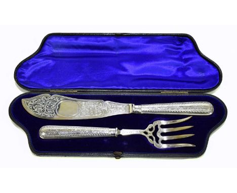 MARTIN, HALL &amp; CO; a cased pair of Victorian hallmarked silver fish servers with pierced and cast decoration, Sheffield 1