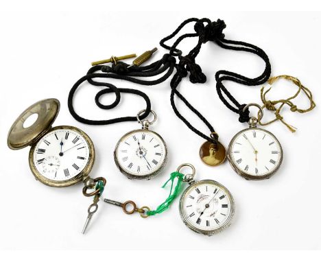 Three hallmarked silver key wind open faced fob watch, one example with floral detail to the enamel dial, together with a key