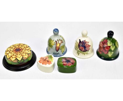 MOORCROFT; six pieces of assorted pottery to include three bells, 1984, 1985 and a further example in the 'Hibiscus' pattern,