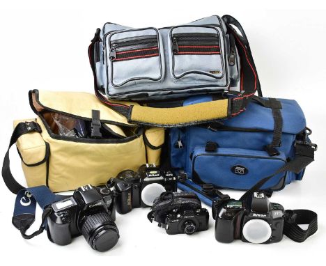 An assortment of cameras and accessories to include an Olympus shoot and go R, a Nikon F70 body, a Nikon AF body, a Pentax Au