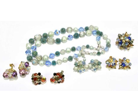 VENDOME; four 1950s pairs of glass and beaded clip on earrings, a signed glass and beaded brooch and a signed vintage glass b