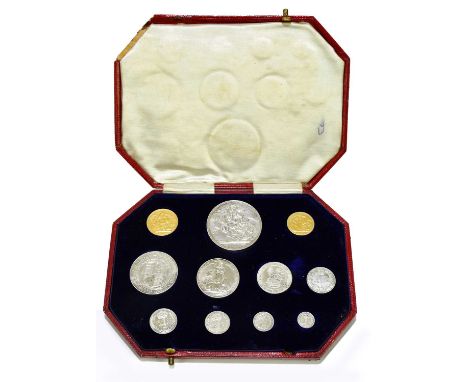 A 1902 specimen coin set to include sovereign, half, sovereign, crown, half, crown, florin, shilling, sixpence and Maundy mon