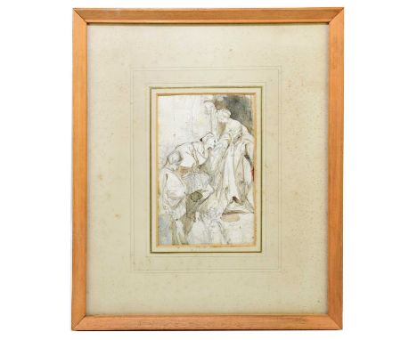 ALFRED ELMORE (1815-1851); watercolour, study of figures, unsigned, the label verso states 'Appleby1977', 18 x 11.5cm, with p