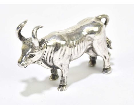 A Continental white metal novelty snuff box modelled as a bull, length 5.5cm, indistinct marks, approx weight 40g.