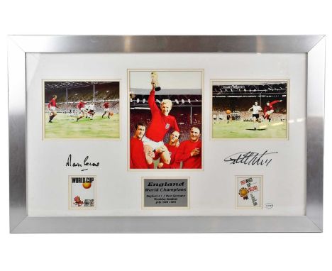 WORLD CUP 1966; an England World Cup Champions 1966 framed montage, signed by Martin Peters and Geoff Hurst, 69 x 40cm, frame