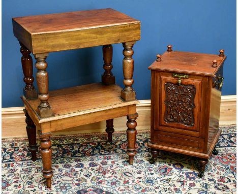 A Victorian carved walnut coal purdonium (lacking liner), together with a converted commode (2).