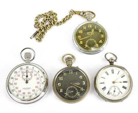A hallmarked silver cased pocket watch, the white enamel face set with Roman numerals and subsidiary dial, together with two 