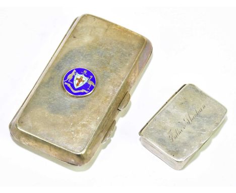 I.M HUTCHFIELD; a George V hallmarked silver and enamelled cigarette case of shaped rectangular form, with applied circular e