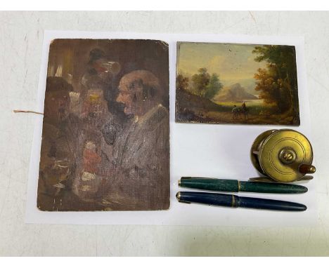 Two vintage bakelite fountain pens with 14K nibs, a brass fishing reel and two oils on board, each unsigned, one bears label 