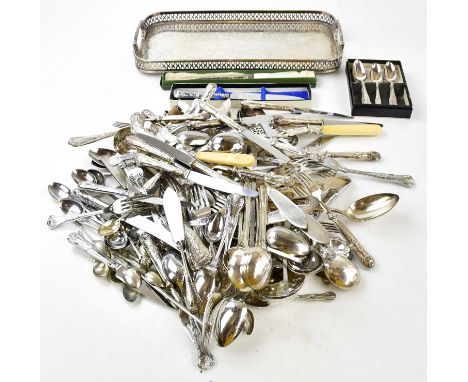 A quantity of silver plated flatware, also a twin handled tray.
