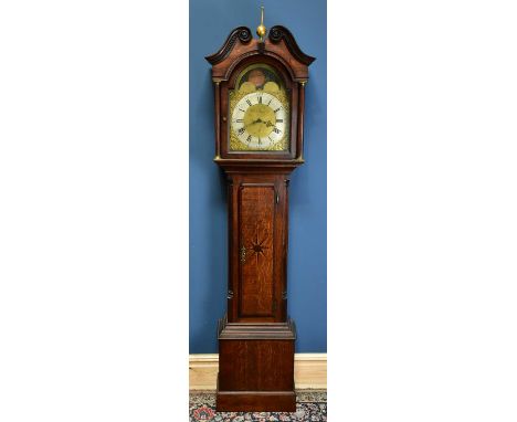 MALKIN KIRKBY; an 18th century thirty hour longcase clock, the brass face with moon phase mechanism above the silver chapter 