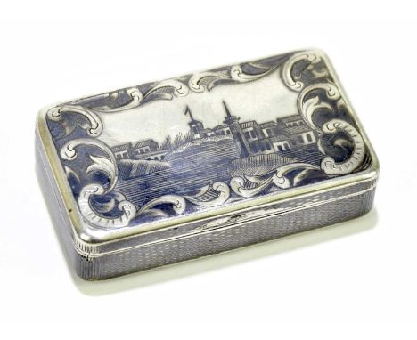 A 19th century Russian silver niello snuff box of shaped rectangular form decorated with a town and river scene, inscribed 'B