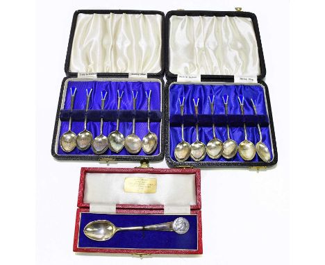 HASELER &amp; RESTALL; twelve George VI hallmarked silver and enamel teaspoons in the Art Deco style, Birmingham 1947-49, app