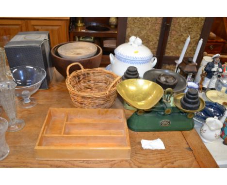 Two sets of kitchen scales; a large blue and white soup tureen and stand; a cutlery tray etc. 