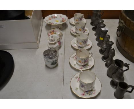 Five Royal Crown Derby 'Derby Posies' coffee cups and saucers together with a small pedestal dish; matching sugar bowl and cr