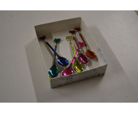 A set of six colourful enamel work coffee spoons with heart shaped terminals 