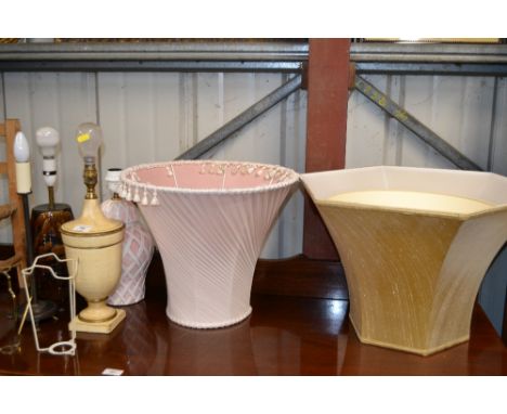 Three various table lamp bases with shades 