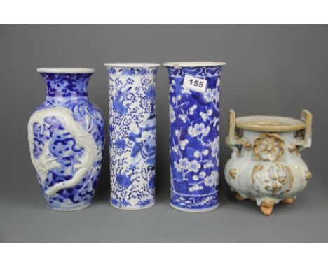 Two 19th C hand painted porcelain cylinder vases (both A/F to rim), together with a Japanese porcelain vase and a Chinese gla