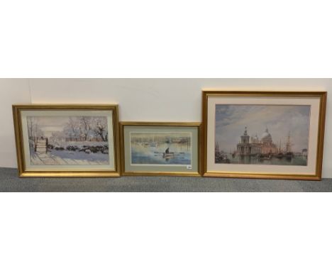 A gilt framed pencil signed limited edition 168/500 print of 'The boatman' by Raine Jeffreys, size 43 x 67cm, together with t