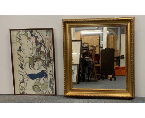 A gilt framed mirror, 64cm x 71cm, together with a framed print.