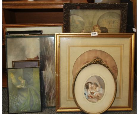 A Victorian oval lithograph and a group of prints.