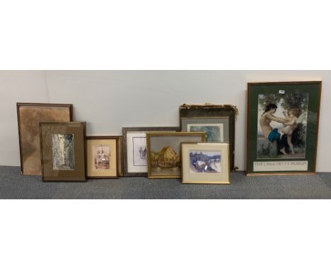 A pencil signed lithograph together with an oil painting and a group of watercolours, frame size 37 x 46cm.