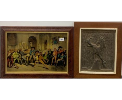 A framed print on glass of fencing, frame size 41 x 60cm, together with a framed hammered brass horse.