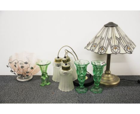 A Tiffany style table lamp, H. 43cm (missing top screw) together with a shell table lamp, ceiling light and three glass vases