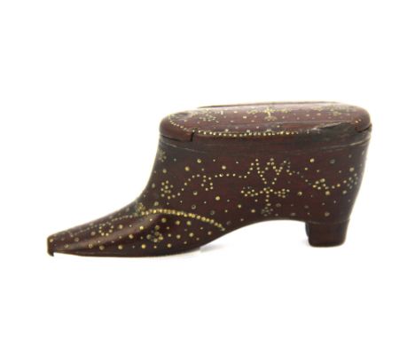 A lovely Georgian pique work mahogany shoe shaped snuff box, L. 9cm.